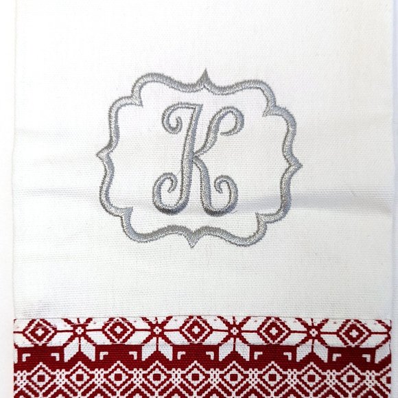 2 Pack White "K" Embroidered Hand Dish Drying Towels Holiday Christmas Fair Isle - Picture 3 of 3
